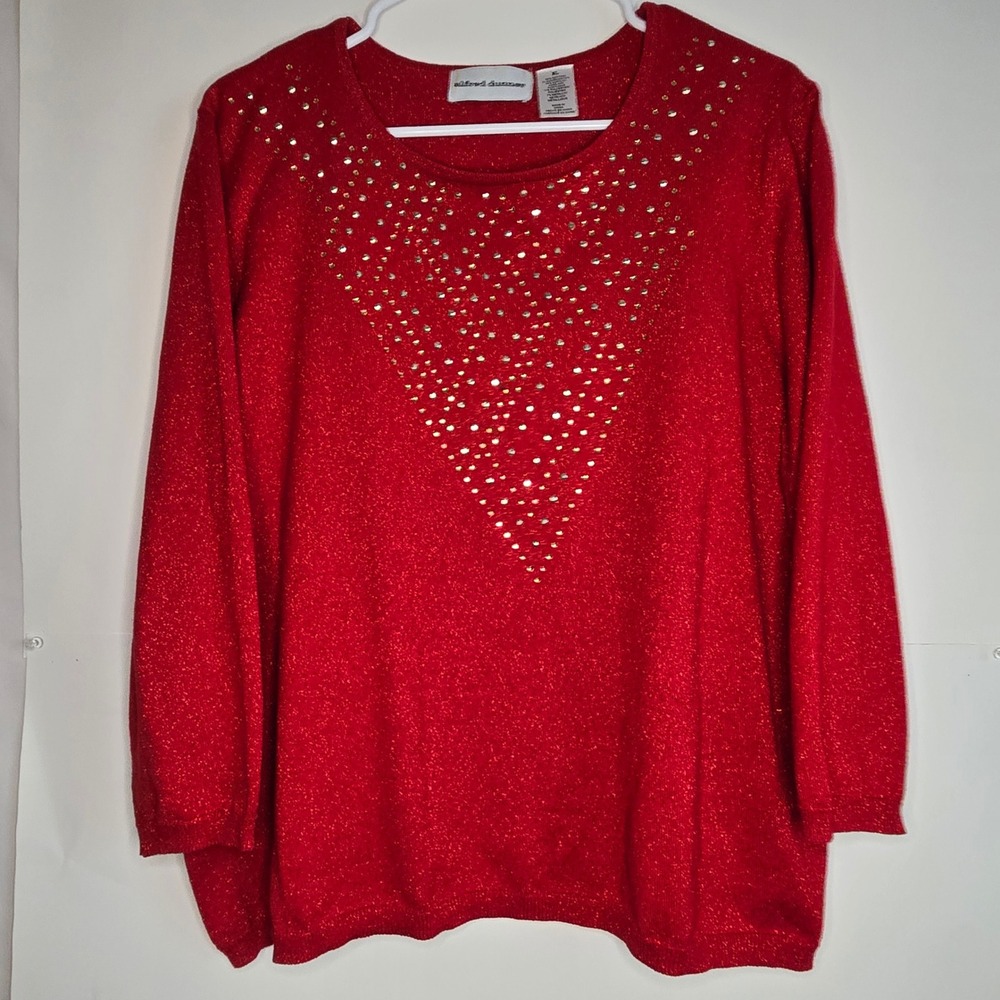 Alfred Dunner Red Metallic Rhinestone Holiday Sweater Womens XL 3/4 Sleeve